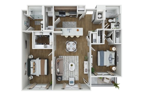 Floor plan for 2 beds, 2 baths, 1047 sqft
